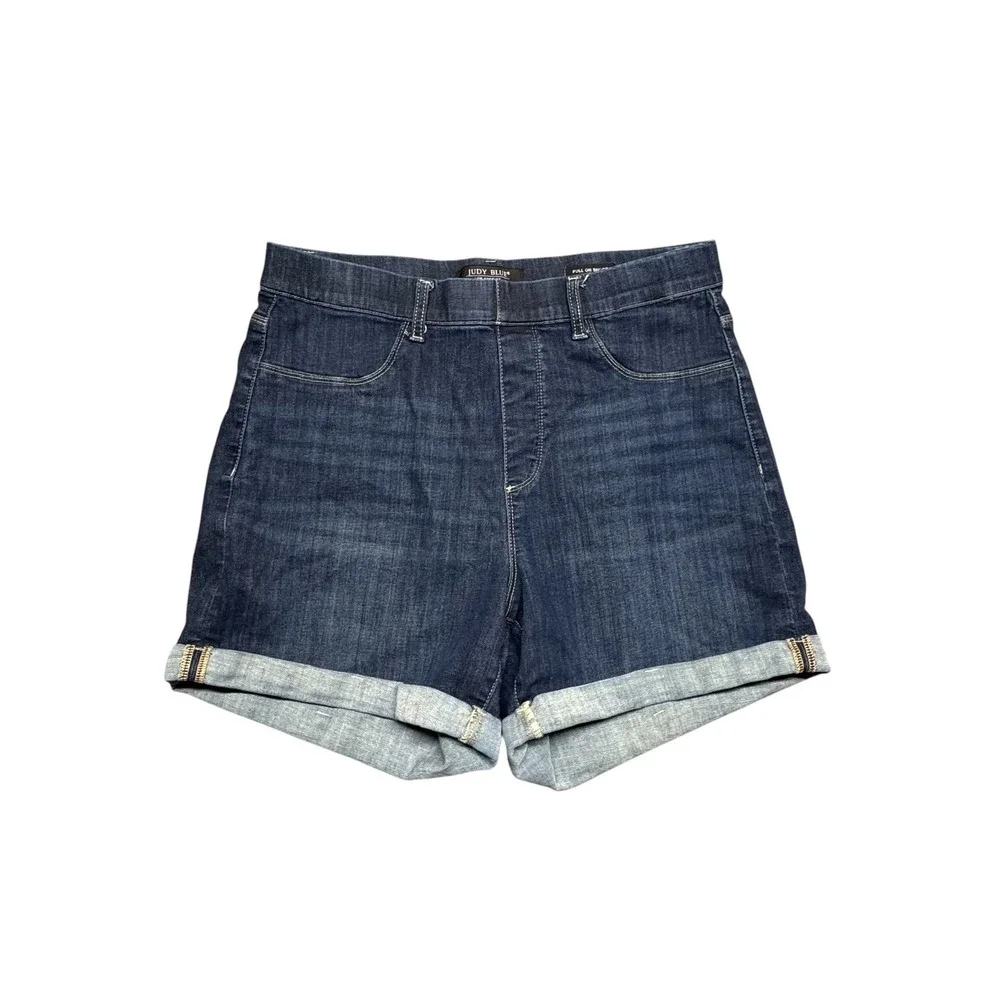 Judy Blue Pull On Short 2XL Dark Wash Cuffed Blue Denim High Rise Stretch Casual